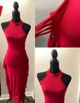 #ad Womens 2 piece Set bodycon Top And Frill Skirt Long Stretchy sexy Red Sz Large $17.00