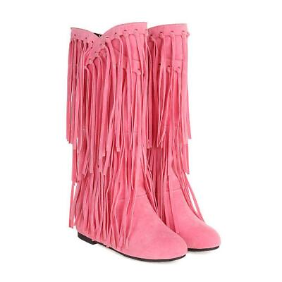 #ad Women#x27;s Fringed Low Wedge Heel Suede Pull On Mid Calf Boots Winter Tassels Shoes $59.99