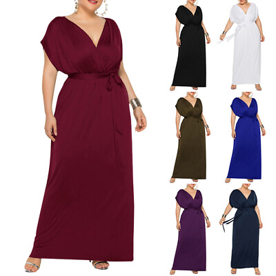 #ad US Women Plain V Neck Maxi Dress Wedding Ladies Evening Party Dresses Plus Size $30.63
