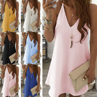 #ad Womens Chiffon Sleeveless Dress Ladies Beach Short Mini Dress Holiday Sundress $17.56