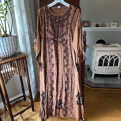 #ad Vintage free size Boho peasant embroidered long sleeve maxi dress brown $28.00