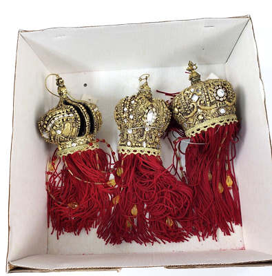 #ad 3 Dillards Trimmings Red And Gold Tassel ornate Christmas Ornaments box $9.60