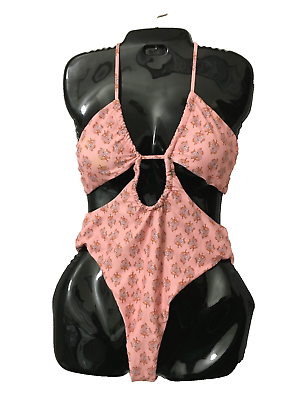 #ad Womens Cut Out One Piece Swimsuit Sz. Small High Cut Bathing Suit Pink Floral $23.75