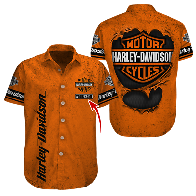 Persionalized Name Harley Davidson Limited Edition Men#x27;s Hawaiian Orange Shirt $32.99