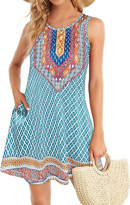 #ad Summer Dresses for Women Beach Boho Sleeveless Vintage Floral Flowy Pocket Tshir $65.08