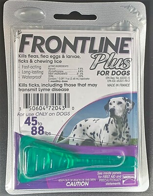 Frontline Plus for Dogs 45 88 lb Fipronil Kills Fleas amp; Ticks Single Dose $10.00