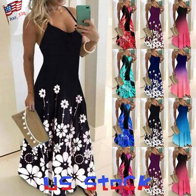 #ad Women Sexy V Neck Strappy Maxi Long Dress Summer Holiday Party Beach Sundress US $17.29