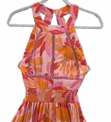 #ad Abel Label Maxi Dress Womens S Pink Orange Floral Charlotte Smocked Boho Halter $25.99