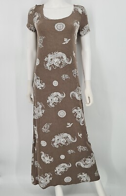 🐉 The Attic Taupe Beige Short Sleeves Summer Long Dress Dragons Print $29.99