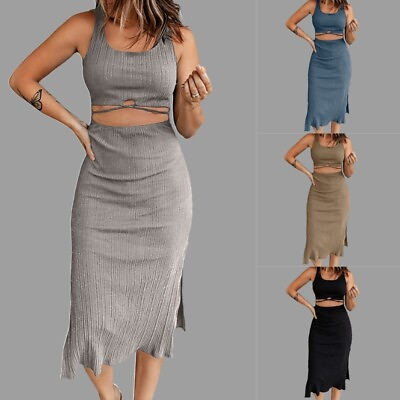 #ad Women Sexy Hollow Out Midi Dress Ladies Sleeveless Holiday Beach Party Dresses $23.84