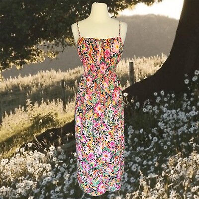 #ad Hamp;M Floral Maxi Dress Large Multicolor Smocked Cotton Spaghetti Strap Spring $25.00
