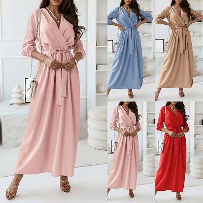 #ad Womens V Neck Long Sleeve Long Maxi Dress Ladies Belted Casual Party Dresses US $25.45