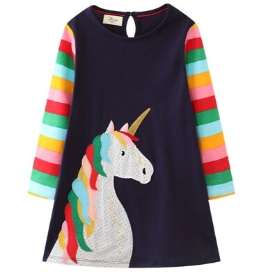 NEW Unicorn Rainbow Girls Blue Long Sleeve Tunic Dress 2T 3T 4T 5T 6 7 $4.99