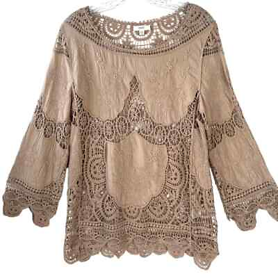 #ad Oddy Top Womens Small Tan Embroidered Lace Boho Long Sleeve Cotton $23.88
