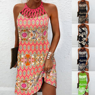 #ad Ladies Summer Beach Boho Dresses Holiday Hollow Halter Neck Mini Dress Plus Size $18.39