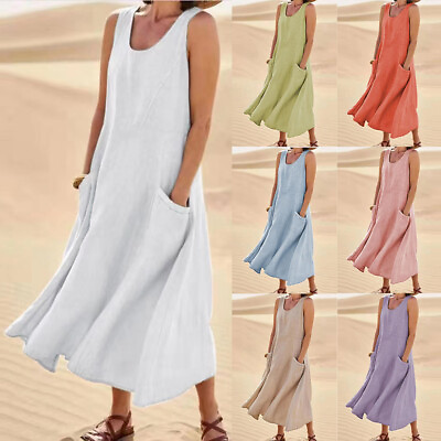 #ad Boho Womens Solid Sleeveless Loose Dress Ladies Cotton Linen Casual Beach Dress $23.69