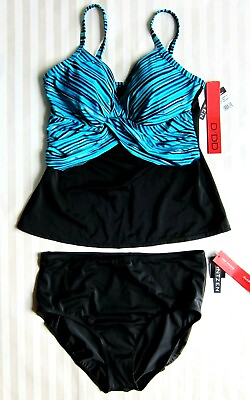 #ad Jantzen 2 PC Tankini Swimsuit High Waist Bikini Black Aqua Gold 38 D DD Sz 18 $47.99