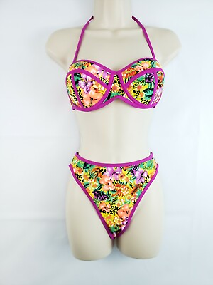 #ad 2 Piece Floral Bikini High waisted Bottom Halter Top Swimwear Swimsuit Large O55 $13.99