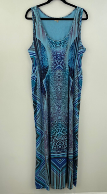 #ad One World Maxi Dress 1X Sublimation Long Blue Scoop Sleeveless Womens A26 13 $29.99