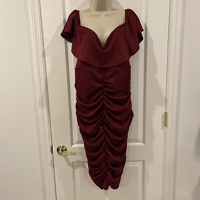 #ad Hawkee Dark Red XXXL Off Shoulder Party Dress Short Sleeve V Neck Bodycon Ruched $52.00