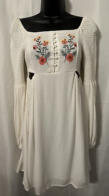 #ad #ad Coco Jaimeson Women’s Small Ivory Embroidered Smocked Boho Dress Cutouts 70s $14.99