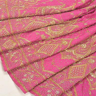 #ad Sanskriti Vintage Pink Long Skirt Pure Silk Hand Embroidered Unstitched Lehenga $126.20