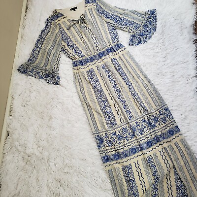 #ad Blue Maxi Floral Print Boho Dress Small Bell Sleeve Cottagecore As U Wish $17.00