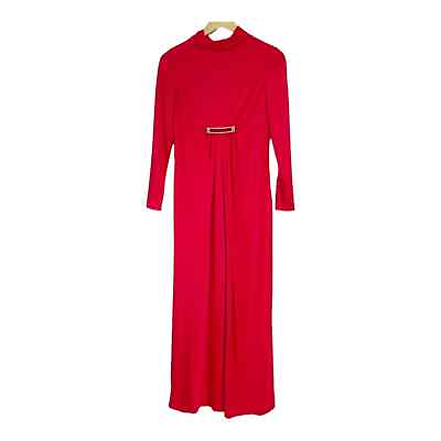 #ad Joan Leslie Kasper Red Long Sleeve Maxi Dress Vintage Gown Rhinestone Embellish $46.54