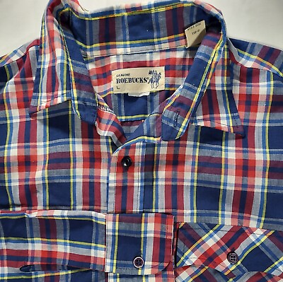 #ad Genuine Roebucks Men#x27;s Large Red Blue Plaid Long Sleeve Button Shirt Vtg Sears $17.97