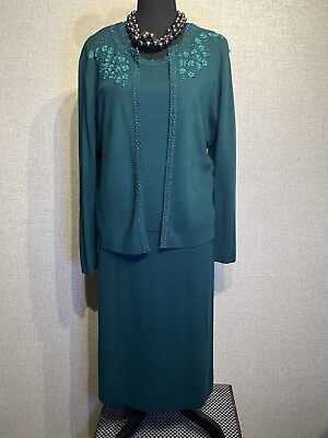 #ad Sheri Martin SZ L Women’s Green 3 PC Knit Skirt Suit Embellished $31.19