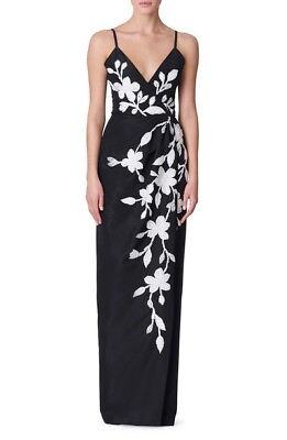 #ad Carolina Herrera 2 Floral Beaded Embroidered Column Gown Dress Black White New $1020.00