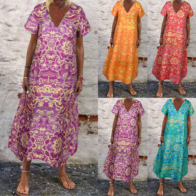 #ad Women Boho Floral V Neck Maxi Dress Baggy Kaftan Loose Beach Casual Sundress US $17.95