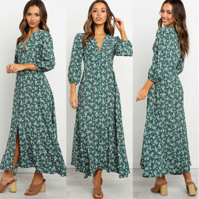 #ad Womens Boho Floral Long Dress 3 4 Sleeve Holiday Party Beach Maxi Dress NEW $19.90