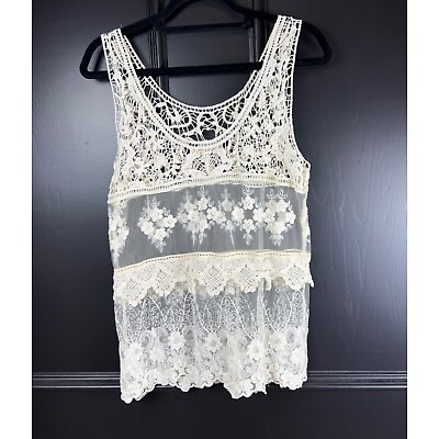 #ad womens kenar lace sheer ivory large sleeveless top boho feminine romantic $19.99