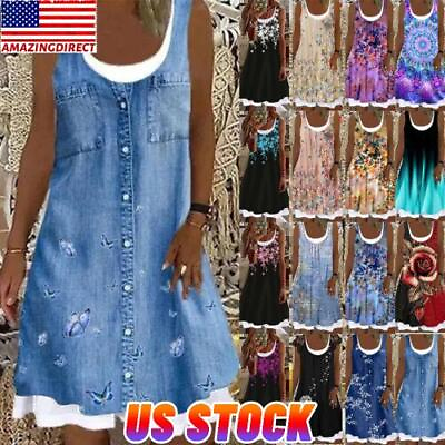 Plus Size Womens Summer Floral Midi Dress Ladies Loose Beach Sleeveless Sundress $9.99