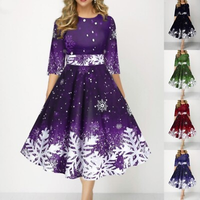 #ad Womens Christmas Snowflake Midi Dress Ladies Casual Evening Party Swing Dresses $22.95