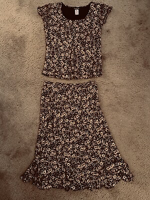 #ad 💫JONES NEW YORK Women#x27;s Black BrownAbstract Floral 2pc Skirt top Set 10 10P $28.00