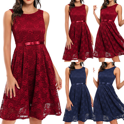 #ad #ad Womens Lace Round Neck Sleeveless Midi Dress Lady Evening Cocktail Party Dresses $31.49
