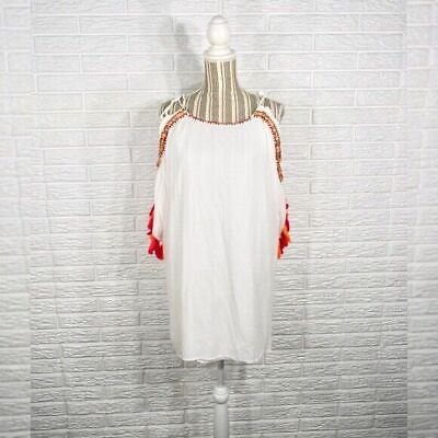 #ad Freeway Loose Fit Embroidered Fringed Boho Dress White Cold Shoulder Size Medium $20.40
