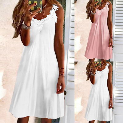 Womens Lace V Neck Cami Vest Dress Ladies Boho Summer Sundress Holiday Beach US $20.29
