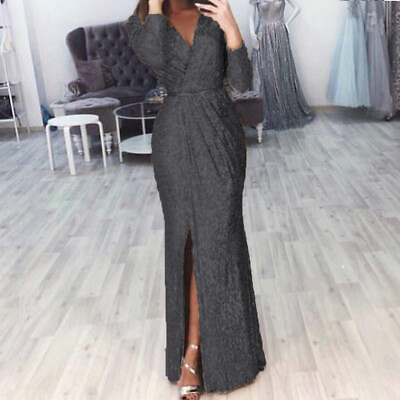 #ad Ladies Evening Party Cocktail Ball Gown Womens V Neck Sequins Long Maxi Dress $39.61