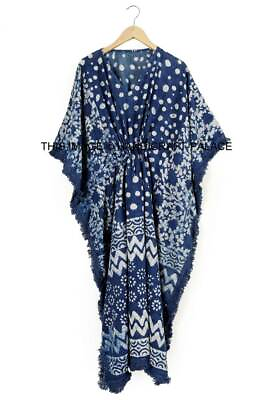 AnokhiVintage Indian Block Print Cotton Kaftan Long Maxi Dress Indigo Caftan $35.99
