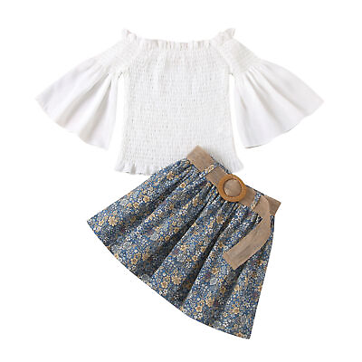 #ad Skirt Solid Color Pleated Girls Solid Color Tops Floral Print Skirt Set Children $14.95