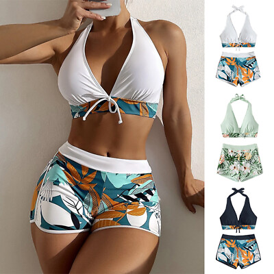 #ad High Waist Bikini Two Piece Swimsuit Floral Padded Bra Crop Tops Shorts Swimwear $15.11
