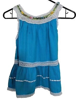 #ad #ad Dress Little Cotton A Line Crocheted Flowers Lace Ruffles Blue Kids Girls 4 $12.99