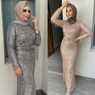 Formal Women Muslim Tassel Sequin Bodycon Maxi Dress Party Prom Evening Gown New $61.97