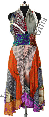 Silk Saree Long Maxi Dress Boho Hippie Clothes Beach Summer Backless Dress Women $28.50