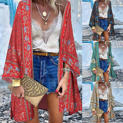 #ad Boho Floral Kimono Sleeve Beach Cover Up Women#x27;s Front Open Cardigan $14.34