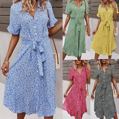 #ad Women Sundress V Neck Summer Midi Dress Ladies Short Sleeve Holiday Lace Up US $6.33