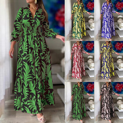 #ad Womens Boho Print V Neck Maxi Dress Ladies Beach Holiday Long Sleeve Sundress $24.74